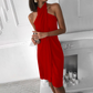 Cécile | Robe Drapée Élégante – Col Haut Asymétrique